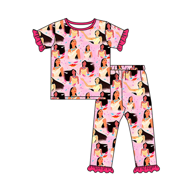 (Custom Design Preorder MOQ 5) Pink Cartoon Princess Print Girls Pajamas Clothes Set