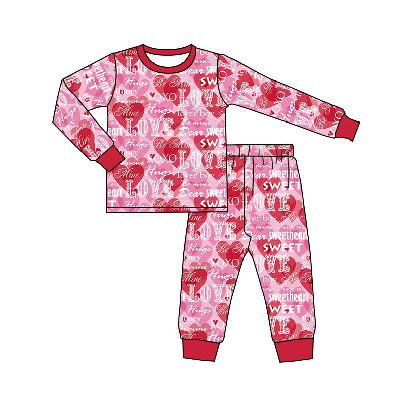 (Custom Design Preorder MOQ 5) Sweet LOVE Heart Print Girls Valentine's Pajamas Clothes Set