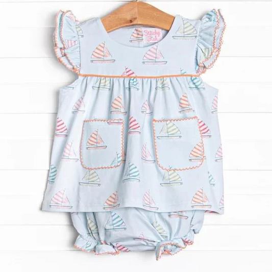 (Custom Design Preorder MOQ 5) Sailboat Print Baby Girls Summer Bummie Sets