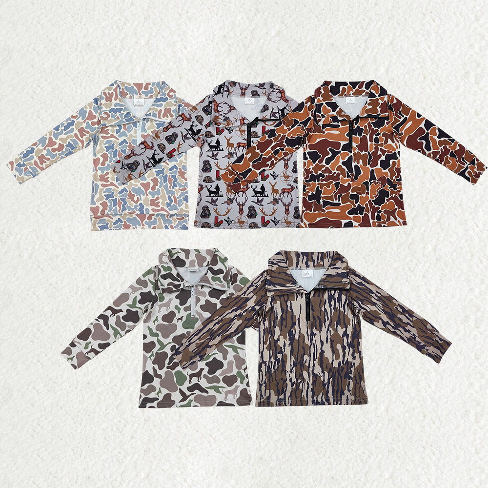 5 Colors Camo Print Boys Hunting Zipper Pullover Tee Shirts Top Brothers Wear
