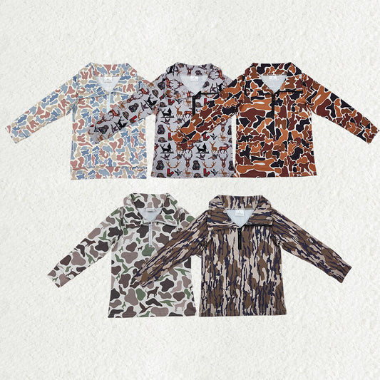 5 Colors Camo Print Boys Hunting Zipper Pullover Tee Shirts Top Brothers Wear