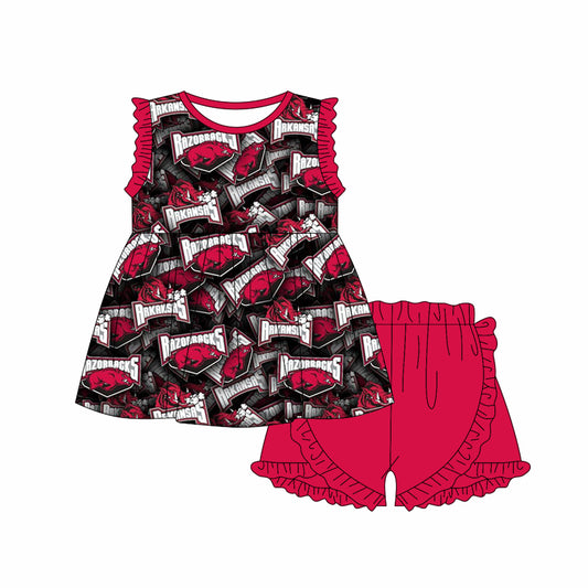 (Custom Design Preorder MOQ 5) Team's Arkansas Razorbacks Print Girls Summer Clothes Set