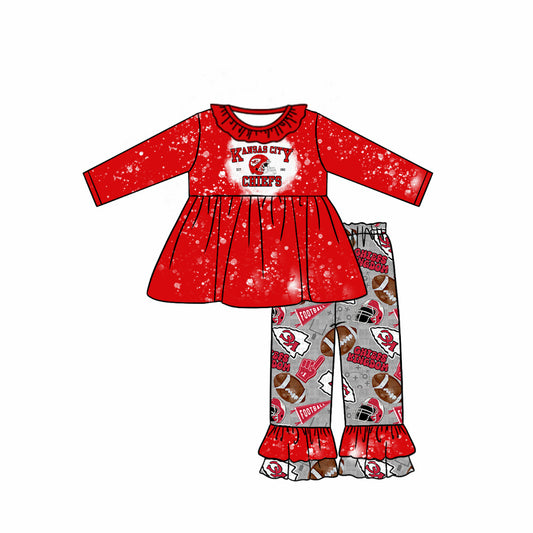 (Custom Design Preorder MOQ 5) Team's KC Red Tunic Top Gray Ruffle Pants Girls Fall Clothes Set