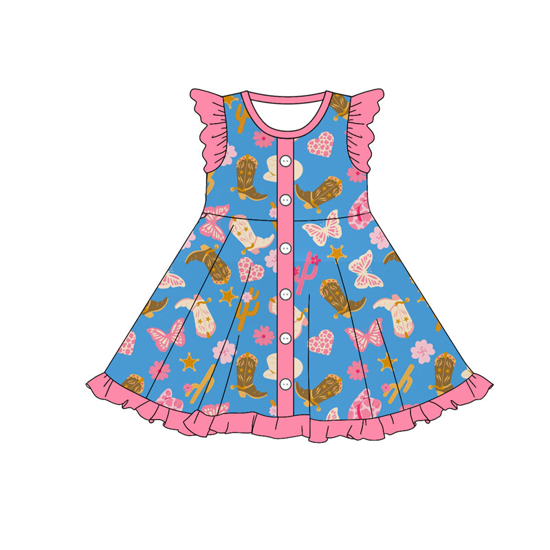 (Custom Design Preorder MOQ 5) Boots Flowers Hat Print Girls Western Knee Length Dress