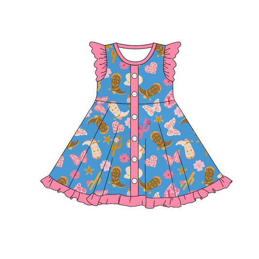(Custom Design Preorder MOQ 5) Boots Flowers Hat Print Girls Western Knee Length Dress