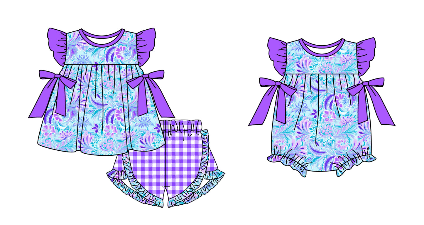 11.12(Custom Design Preorder MOQ 5 Each Design) Blue Flowers Purple Plaid Print Girls Summer Matching Clothes Sisters Wear