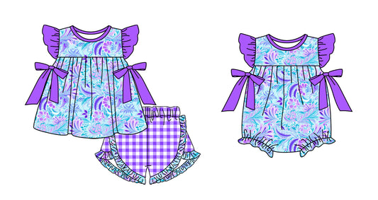 11.12(Custom Design Preorder MOQ 5 Each Design) Blue Flowers Purple Plaid Print Girls Summer Matching Clothes Sisters Wear