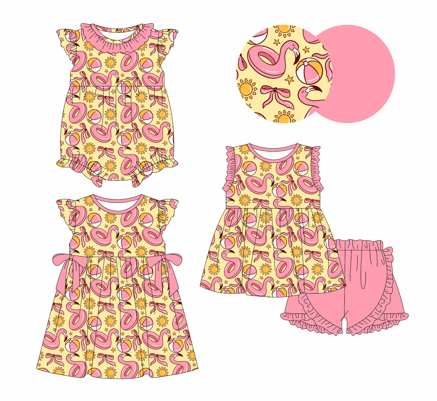 1.6(Custom Design Preorder MOQ 5 Each Design) Flamingo Swimming Circle Bows Balls Print Girls Summer Matching Clothes Sisters Wear