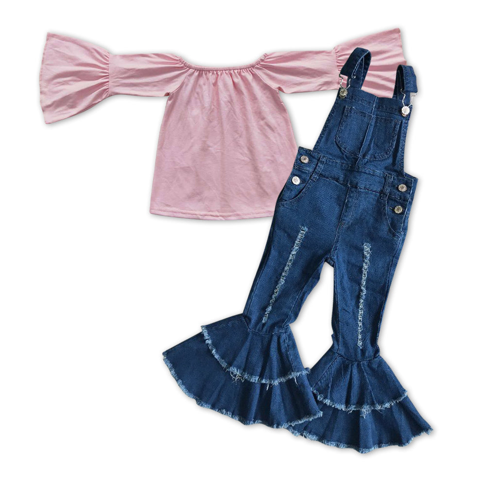 GLP1034 Pink Cotton Long Sleeve Top Suspender Denim Overall Flare Bell Jumpsuit Girls Clothes Set