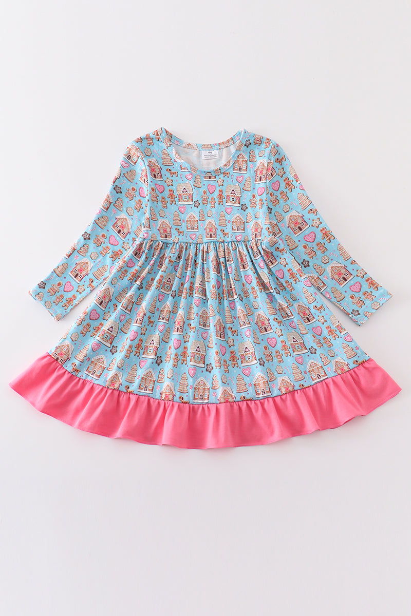 (Custom Design Preorder MOQ 5) Candy House Gingerbread Print Girls Knee Length Christmas Dress