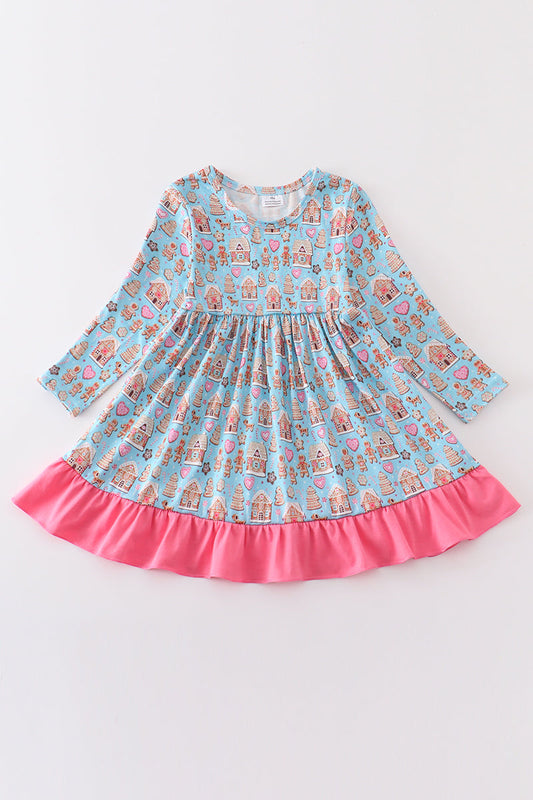 (Custom Design Preorder MOQ 5) Candy House Gingerbread Print Girls Knee Length Christmas Dress