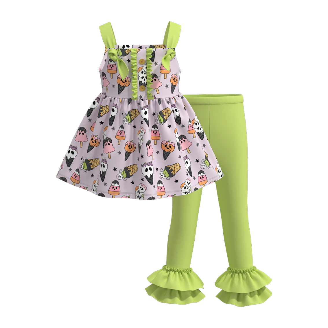 (Custom Design Preorder MOQ 5) Cute Popsicle Tunic Top Green Pants Girls Halloween Clothes Set