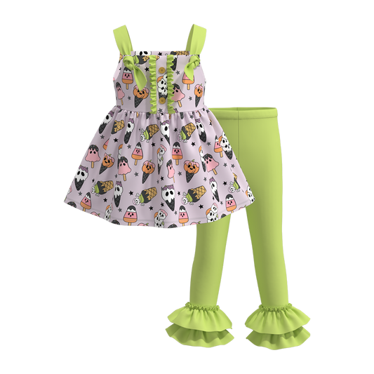 (Custom Design Preorder MOQ 5) Cute Popsicle Tunic Top Green Pants Girls Halloween Clothes Set