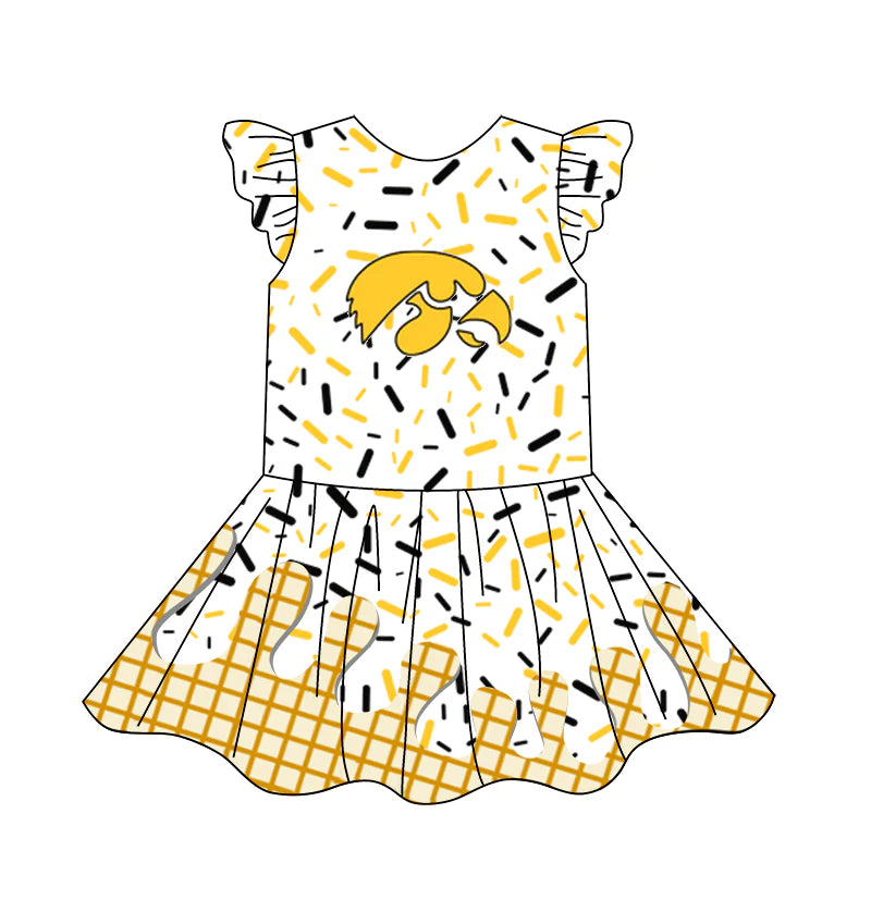 (Custom Design Preorder MOQ 5) Team's Yellow Sprinkles Print Girls Summer Knee Length Dress