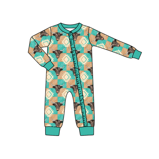 (Custom Design Preorder MOQ 5) Green Highland Cow Aztec Print Baby Girls Sleeper Zipper Romper