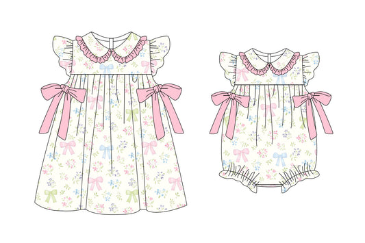 11.6(Custom Design Preorder MOQ 5 Each Design) Small Flowers Colorful Bows Print Girls Summer Matching Clothes Sisters Wear