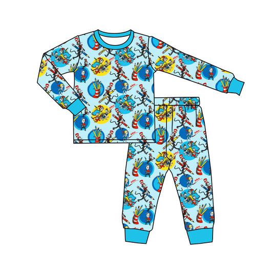 (Custom Design Preorder MOQ 5)  Dr.Reading Pen Blue Print Boys Pajamas Bamboo Clothes Set