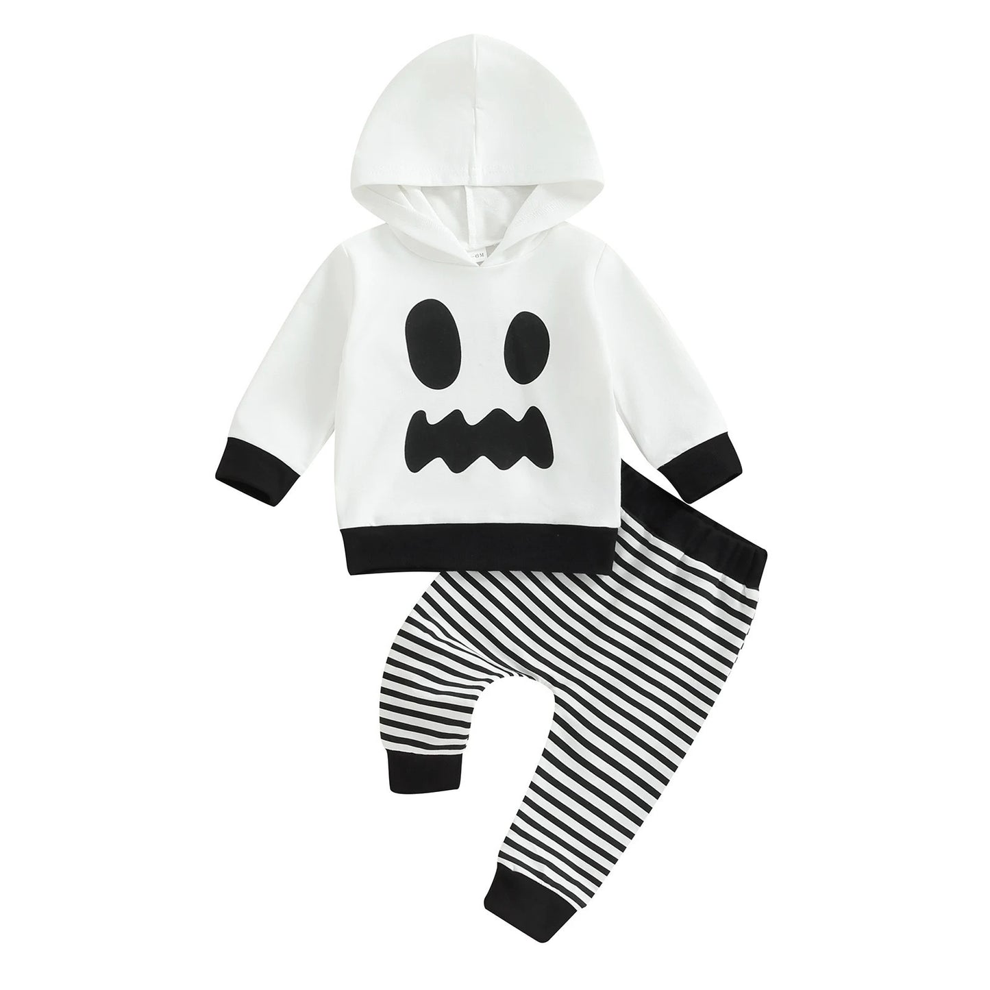 (Custom Design Preorder MOQ 5) Face White Hoodie Top Black Stripes Pants Boys Halloween Clothes Set