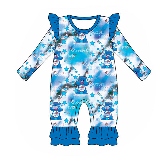 (Custom Design Preorder MOQ 5) Cartoon Bear Blue Print Baby Girls Fall Romper