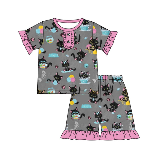 (Custom Design Preorder MOQ 5) Cat Print Girls Summer Pajamas Clothes Set
