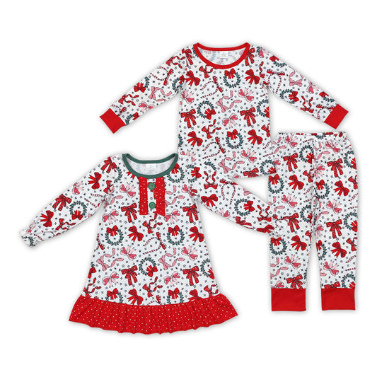 Holly Red Bows Print Sisters Christmas Pajamas Clothes