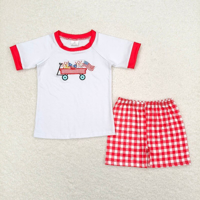 Fireworks Flag Truck Embroidery Red Plaid Print Sibling 4th of July Matching Clothes