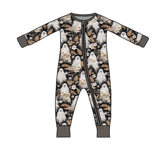 (Custom Design Preorder MOQ 5) Ghost Flowers Print Baby Girls Halloween Sleeper Zipper Romper