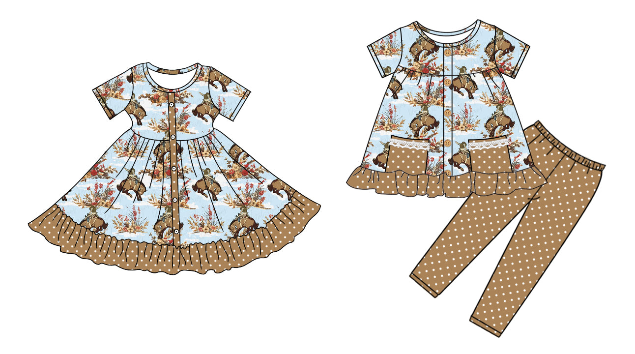 5.6(Custom Design Preorder MOQ 5 Each Design) Rodeo Flowers Print Girls Fall Western Matching Clothes Sisters Wear