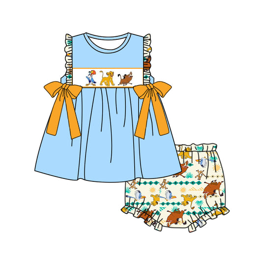(Custom Design Preorder MOQ 5) Cartoon Lion Print Baby Girls Summer Bummie Sets