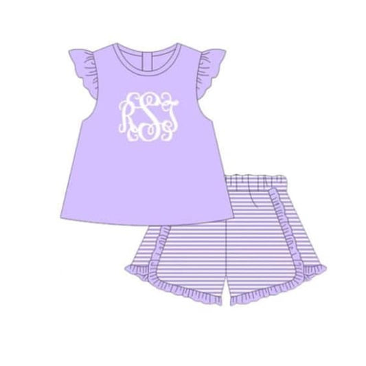 (Custom Design Preorder MOQ 5)  Purple Tunic Top Stripes Shorts Girls Summer Clothes Set