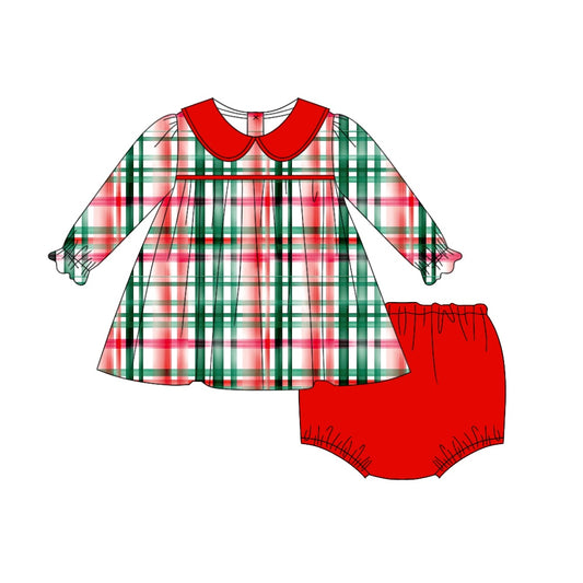 (Custom Design Preorder MOQ 5) Red Green Plaid Tunic Top Red Shorts Baby Girls Christmas Bummie Sets