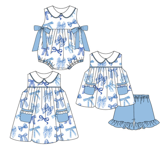 2.24(Custom Design Preorder MOQ 5 Each Design) Blue Bows Print Girls Summer Matching Clothes Sisters Wear