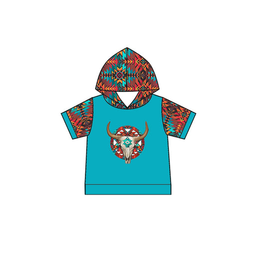 (Custom Design Preorder MOQ 5) Short Sleeve Blue Aztec Boys Western Hoodie Tee Shirts Top