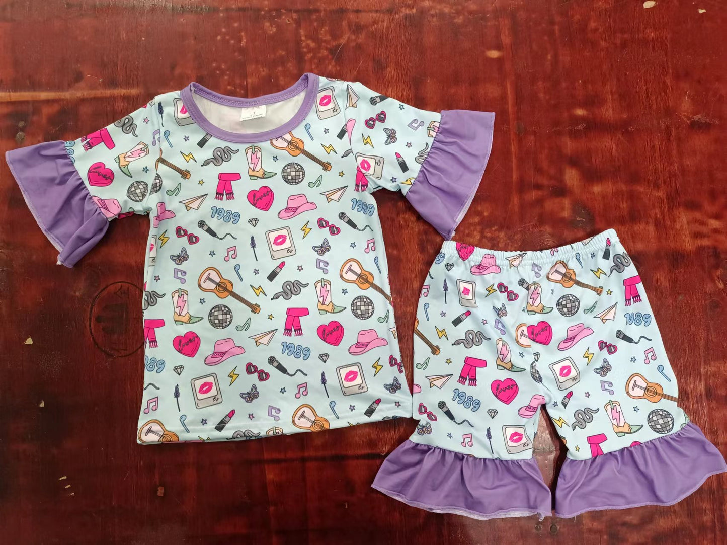 (Custom Design Preorder MOQ 5) Singer Swiftie Print Girls Summer Pajamas Clothes Set