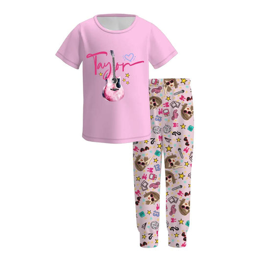 (Custom Design Preorder MOQ 5) Singer Swiftie Guitar Pink Top Legging Pants Girls Clothes Set