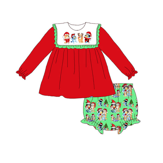 (Custom Design Preorder MOQ 5) Cartoon Dog Red Tunic Top Green Shorts Baby Girls Christmas Bummie Set