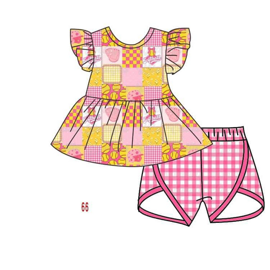 (Custom Design Preorder MOQ 5)  Softball Tunic Top Plaid Shorts Girls Summer Clothes Set