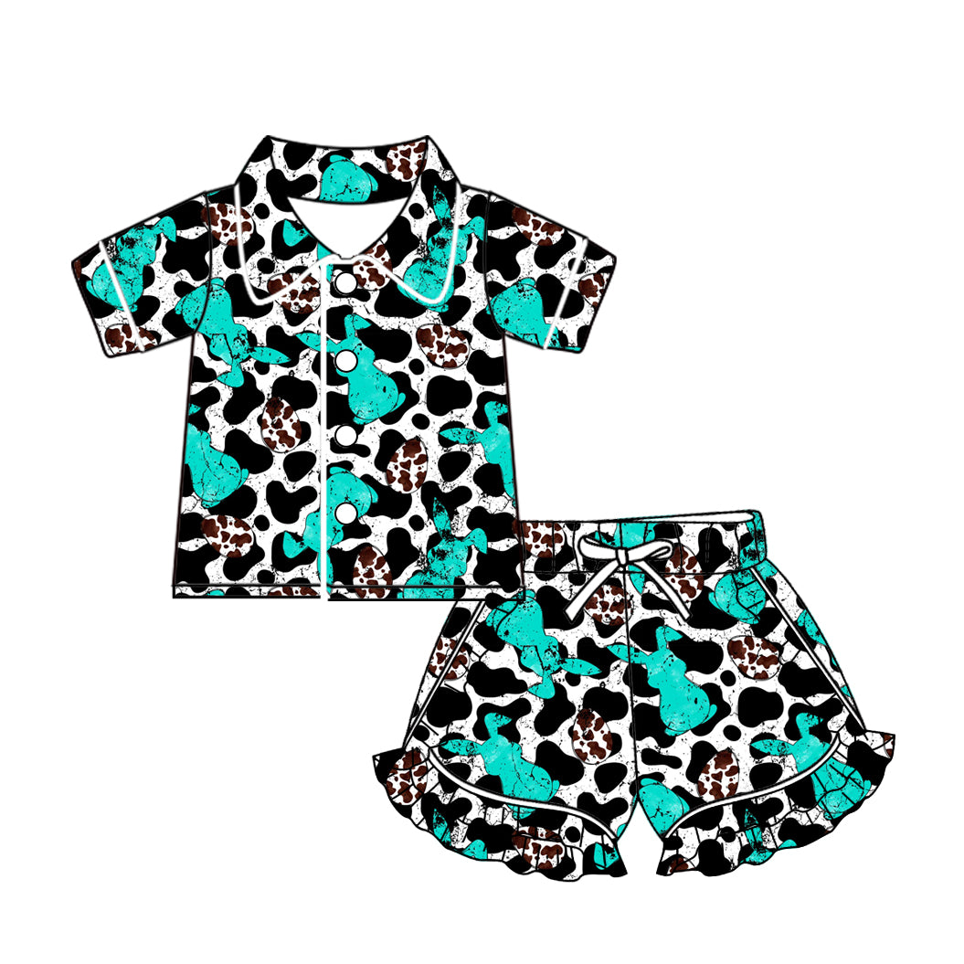 (Custom Design Preorder MOQ 5) Bunny Eggs Turquoise Print Girls Easter Pajamas Clothes Set