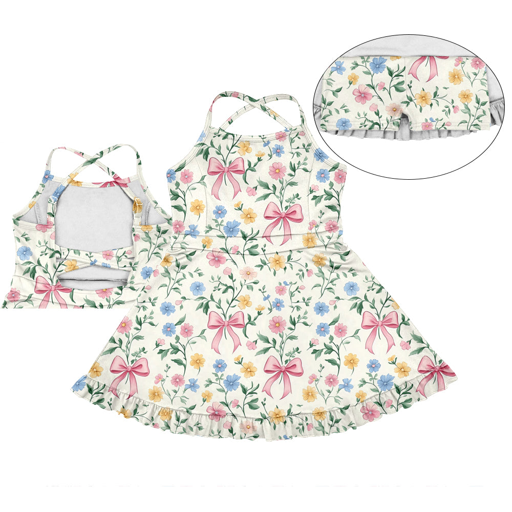 3.10(Custom Design Preorder MOQ 5) Colorful Flowers Bows Print Girls Summer Knee Length Shorts Dress