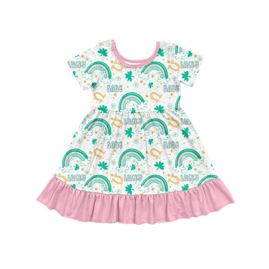 (Custom Design Preorder MOQ 5) Lucky Rainbow Stars Print Girls St. Patrick's Day Knee Length Dress
