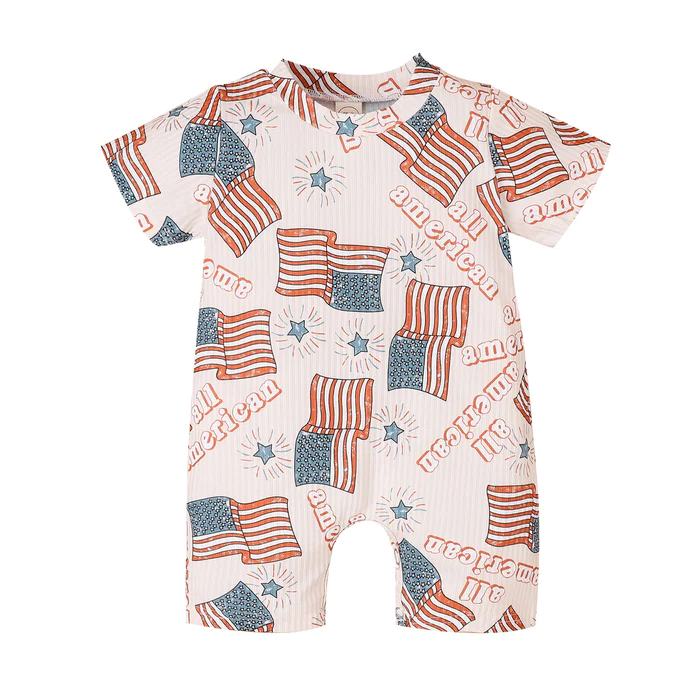 (Custom Design Preorder MOQ 5) Flags Stars Print Baby 4th of July Romper