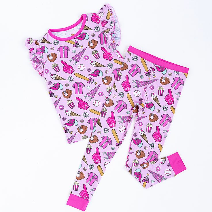 (Custom Design Preorder MOQ 5)  Hotpink Baseball Print Girls Pajamas Clothes Set