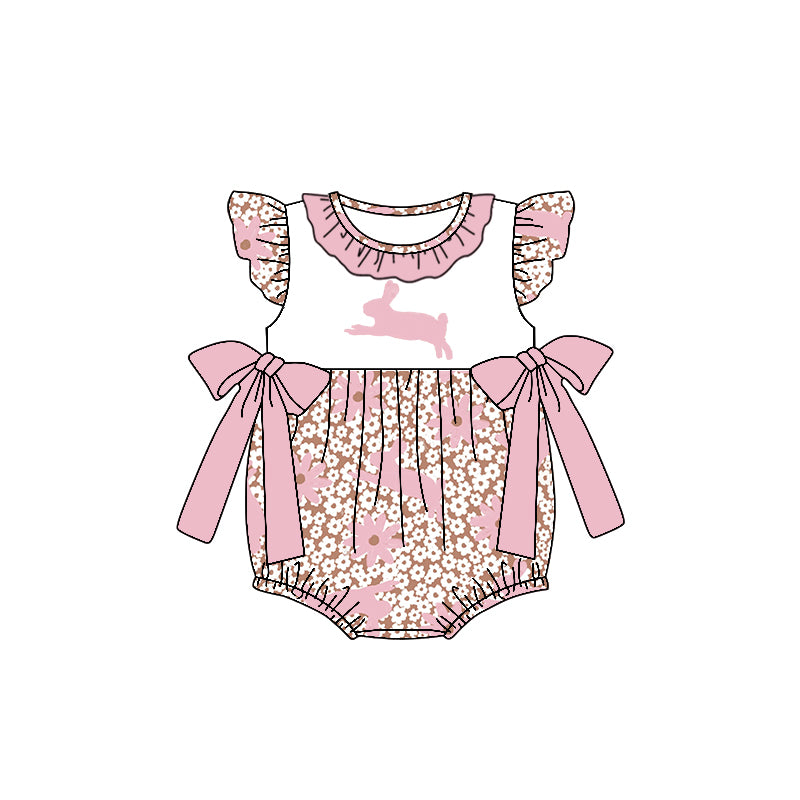 (Custom Design Preorder MOQ 5) Bunny Flowers Print Baby Girls Easter Romper