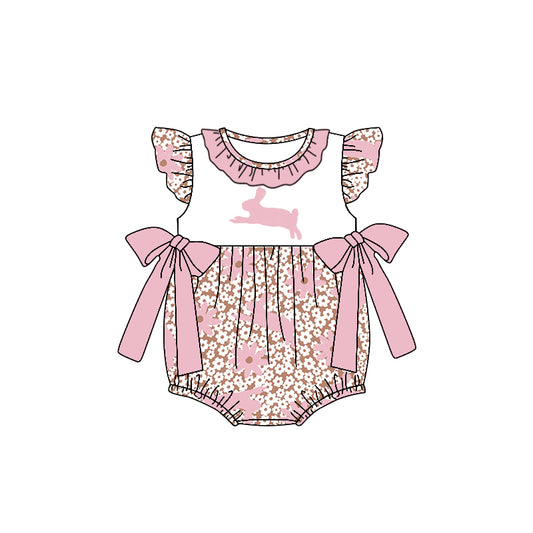 (Custom Design Preorder MOQ 5) Bunny Flowers Print Baby Girls Easter Romper