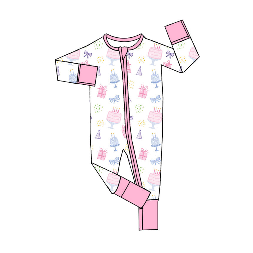 12.7(Custom Design Preorder MOQ 5) Cake Print Baby Girls Happy Birthday Sleeper Zipper Romper