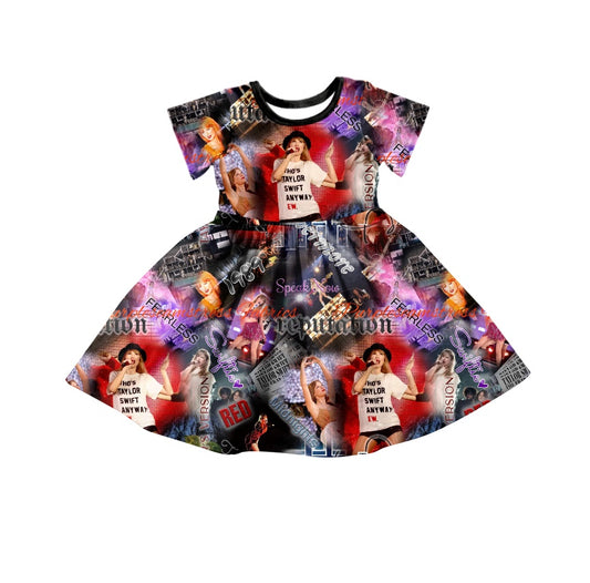 (Custom Design Preorder MOQ 5) Singer Black Print Girls Summer Knee Length Dress