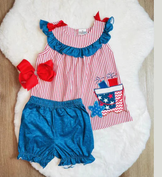 (Custom Design Preorder MOQ 5)  Stars Fireworks Print Girls 4th of July Clothes Set