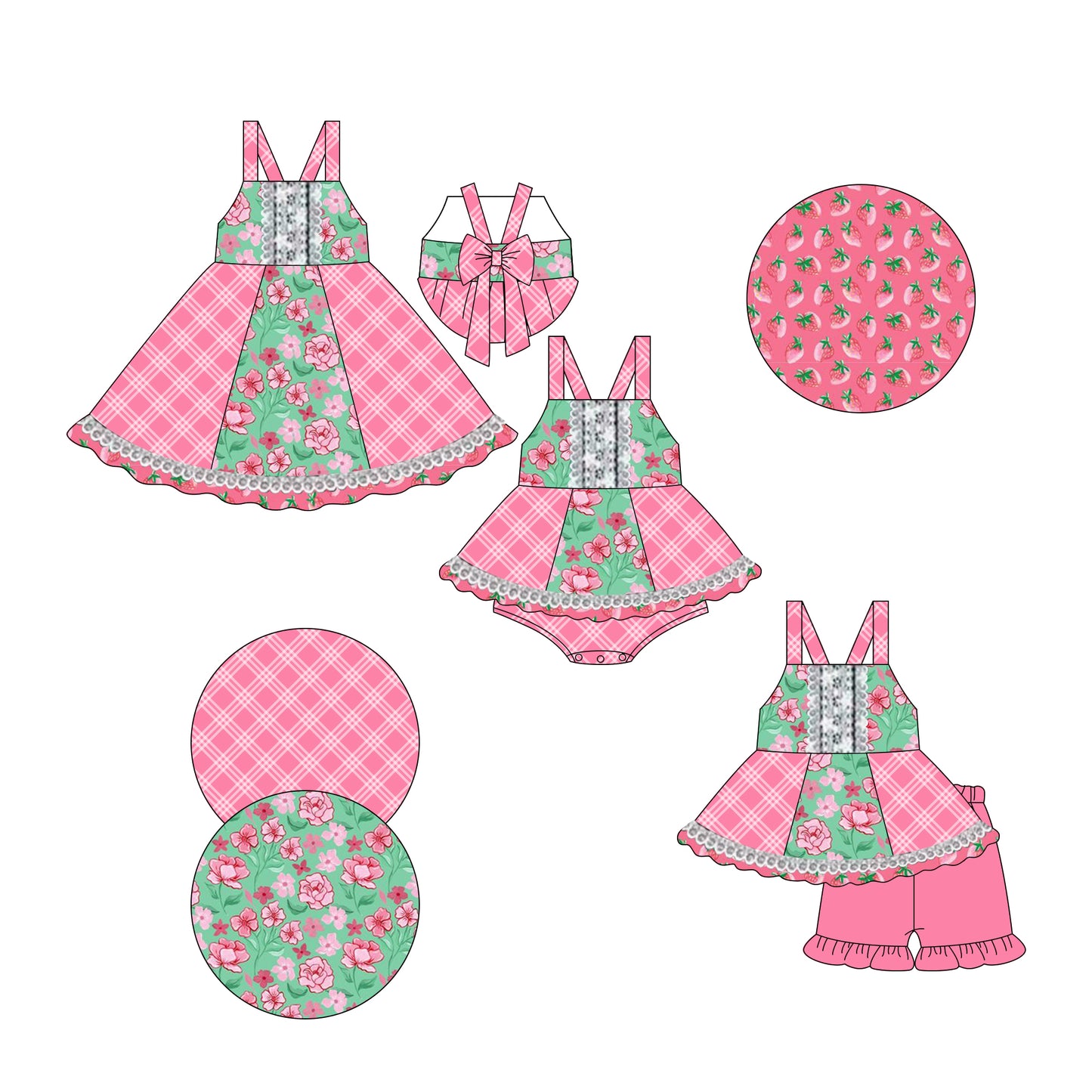 3.10(Custom Design Preorder MOQ 5 Each Design) Strawberry Pink Plaid Print Girls Summer Matching Clothes Sisters Wear