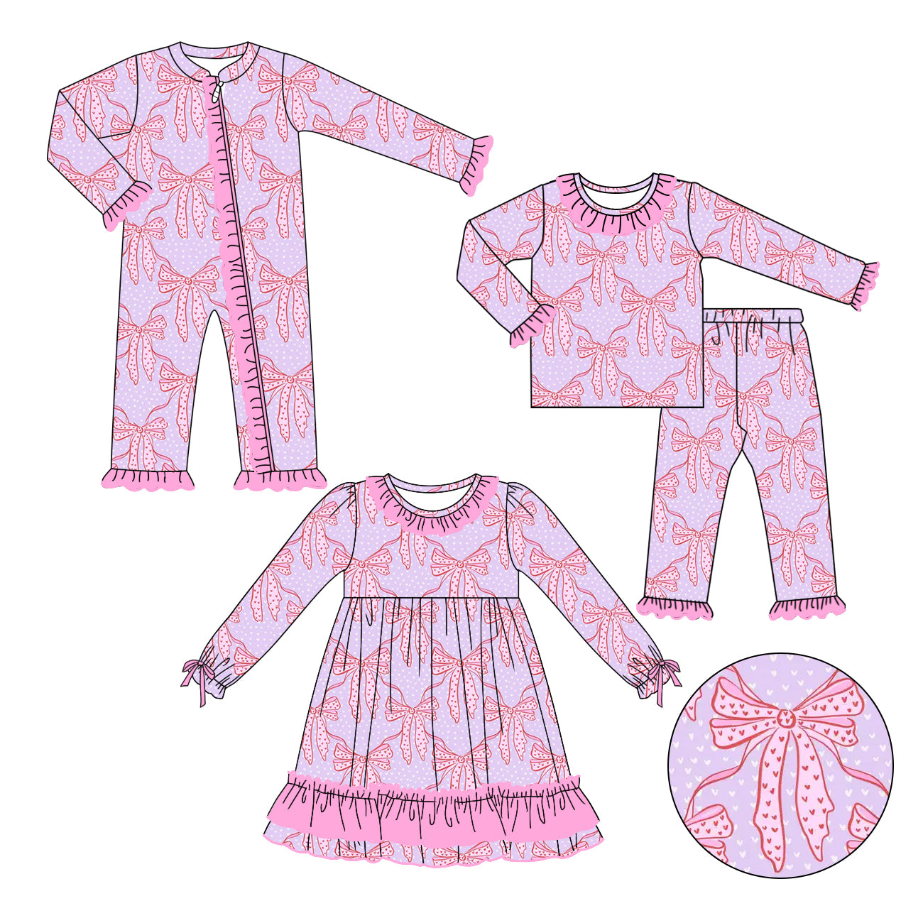 11.9(Custom Design Preorder MOQ 5 Each Design) Pink Bows Heart Print Girls Valentine's Day Matching Clothes Sisters Wear