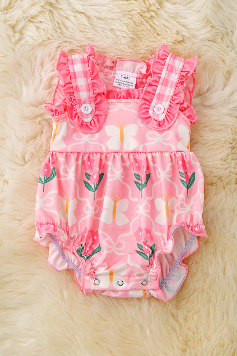 (Custom Design Preorder MOQ 5) Butterfly Flowers Pink Print Baby Girls Summer Romper